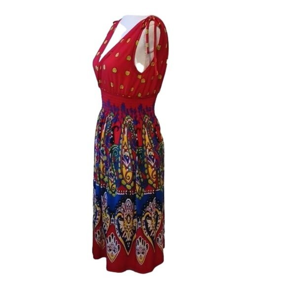 Lildy Surpliced Red Multicolor‎ Ruched Smocked Dress, Size S/M - Picture 2 of 10